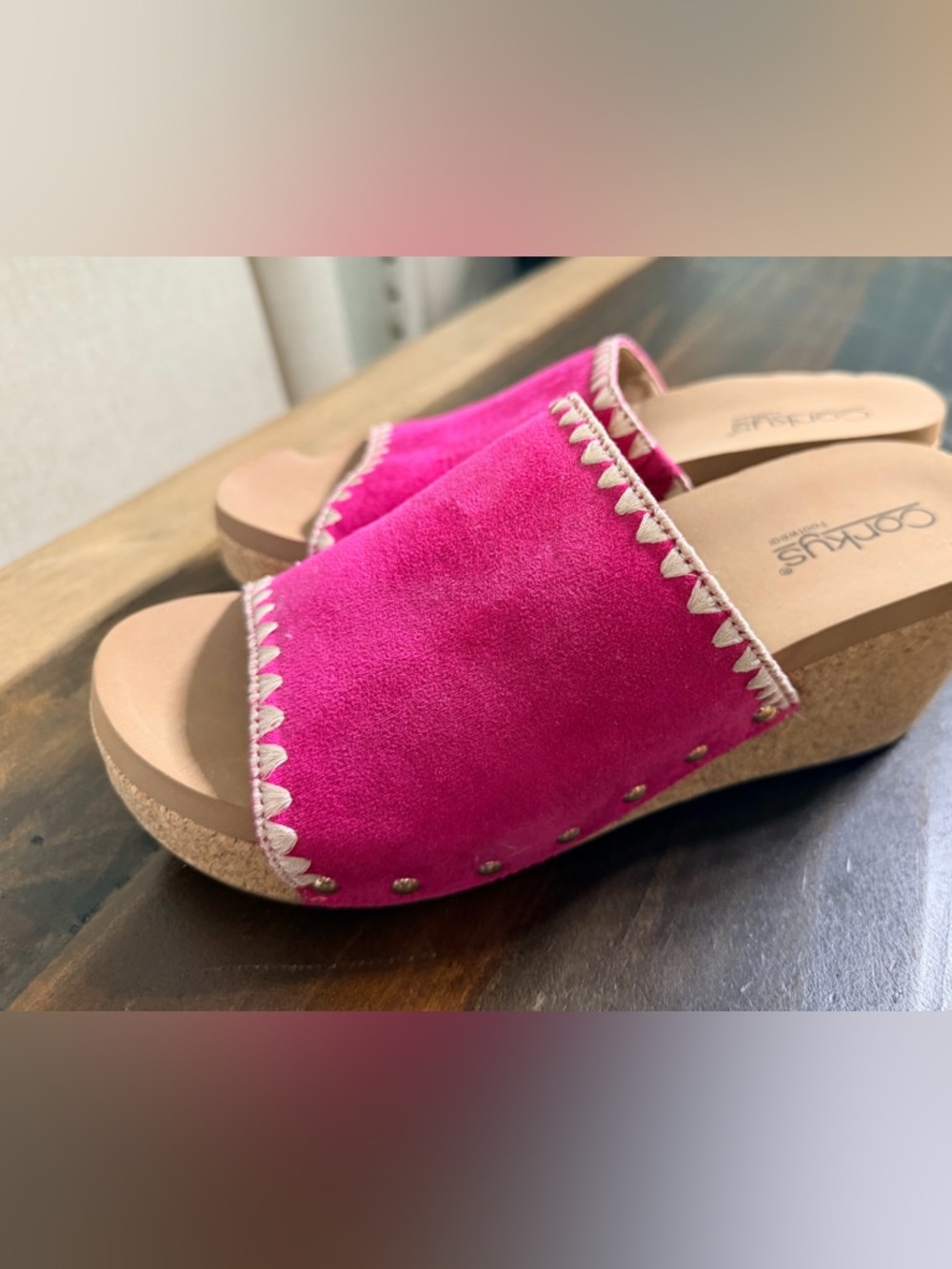 Corkys Bright Pink Suede Slip-On Wedge Mules